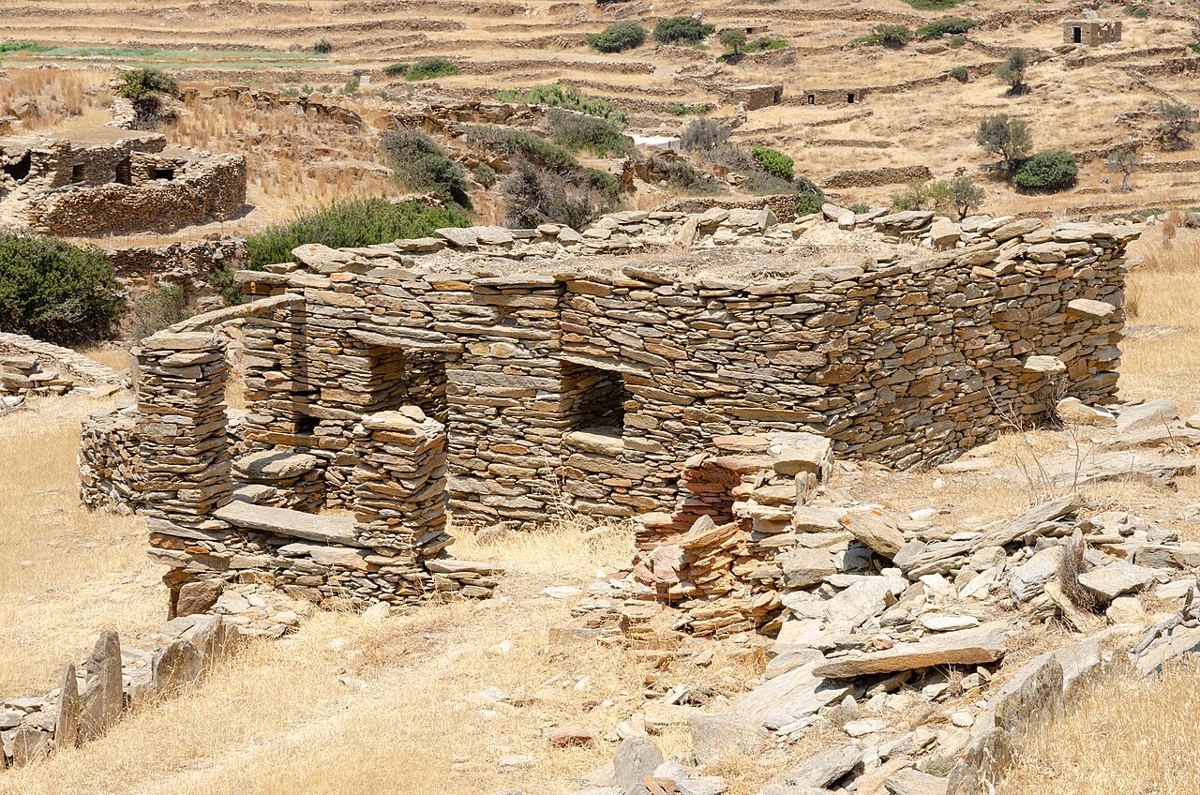 Ios — Ruined stone building and terraces at Skarkos, Ios, Greece, 21 July 2012